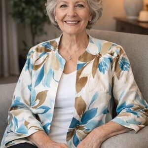 ALFRED DUUNER LIGHT BLUE OPEN FRONT
FLORAL JACKET SIZE 16